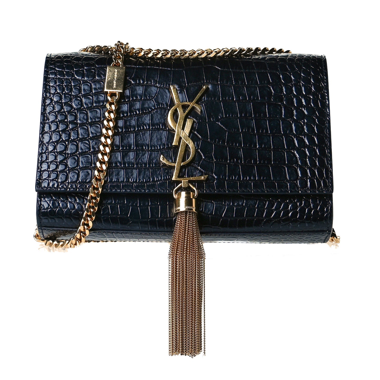 Calfskin Crocodile Embossed Small Classic Monogram Kate Tassel Satchel Black