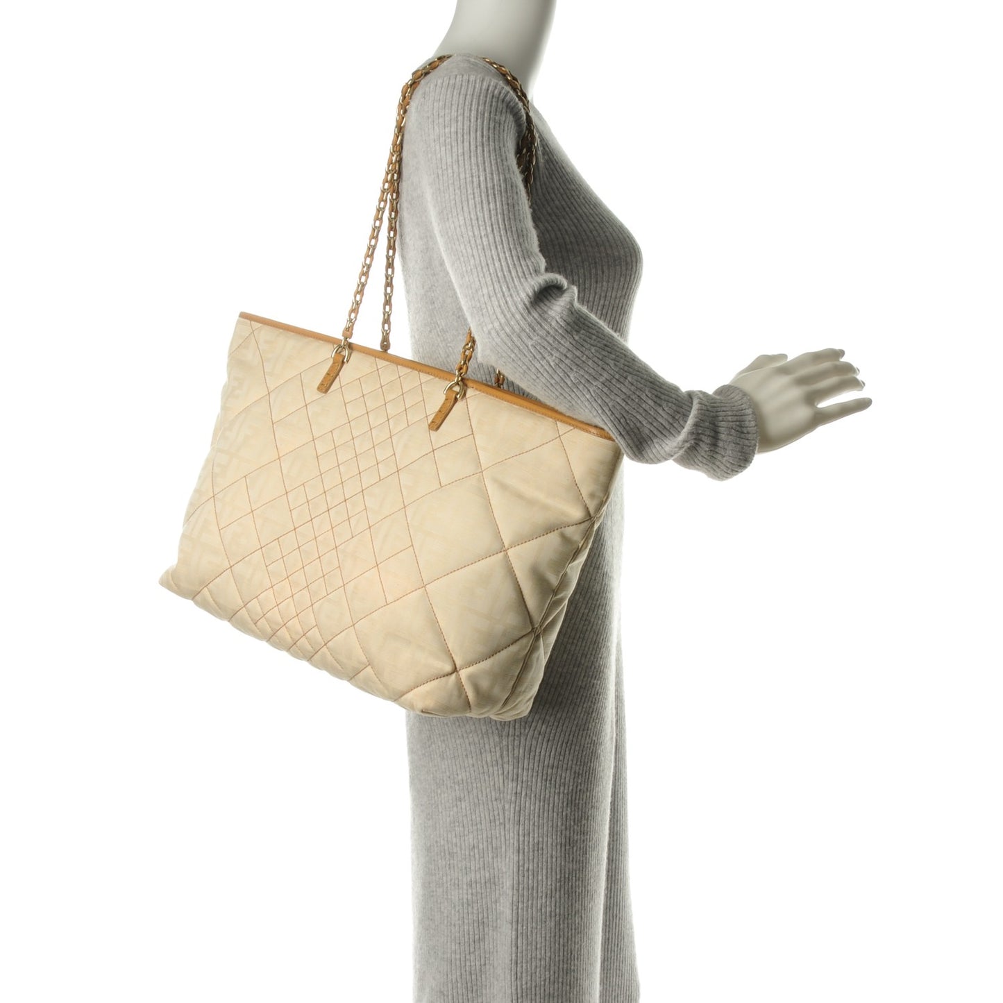 Canvas Quilted FF Chain Roll Tote Ivory