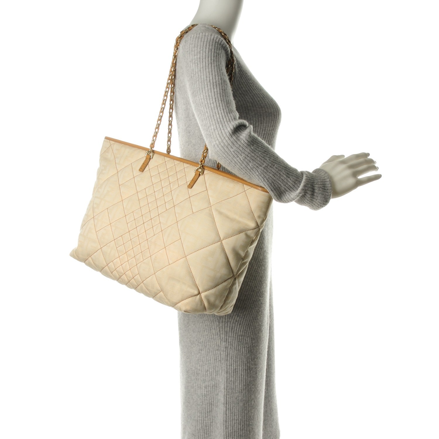 Fendi Canvas Quilted FF Chain Roll Tote Ivory 2 of 7