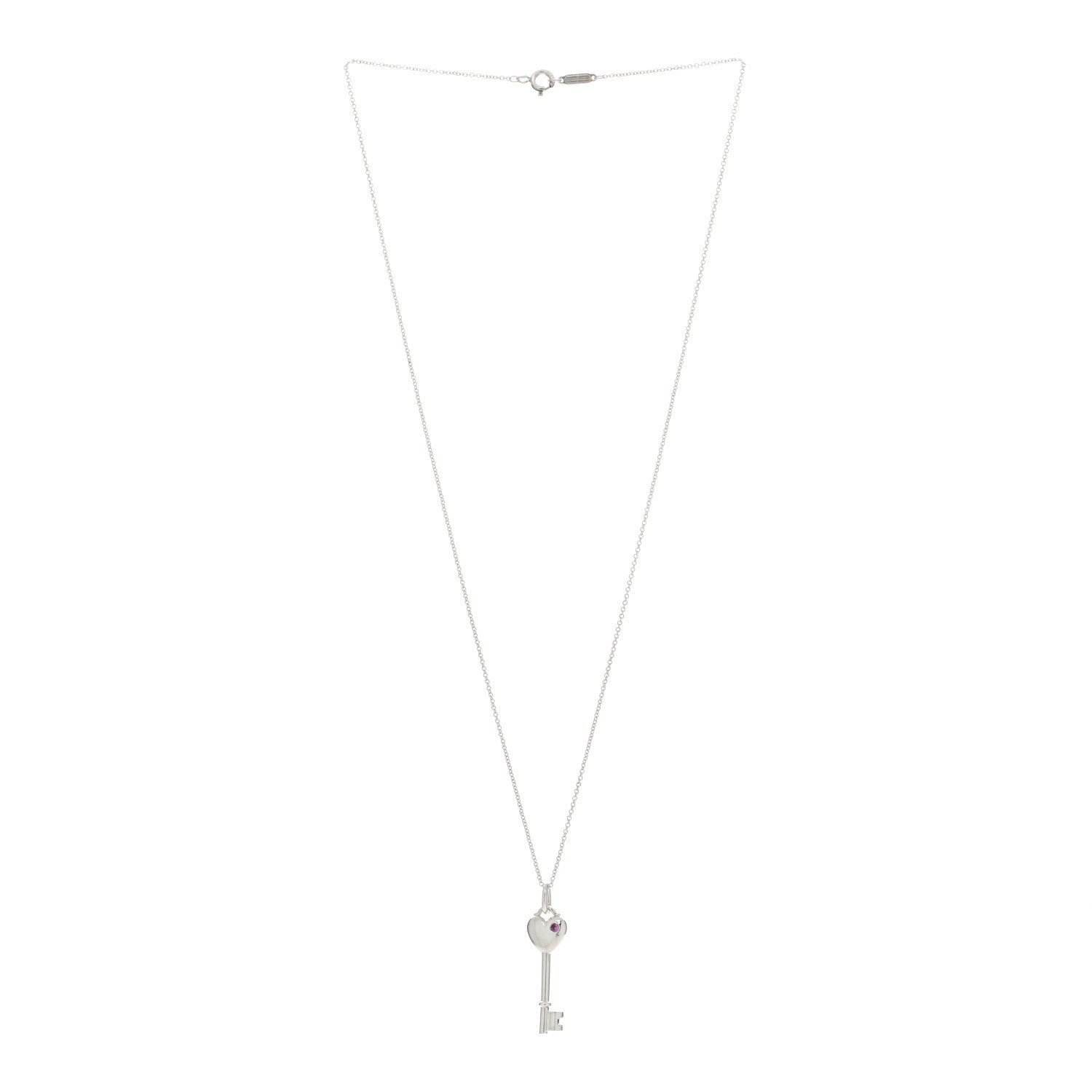 Tiffany Sterling Silver Pink Sapphire Heart Key Pendant Necklace 3 of 5