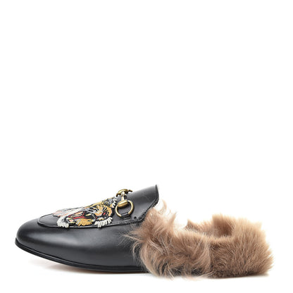 Gucci Calfskin Fur Tiger Embroidered Womens Princetown Slippers 36 Black 1 of 9