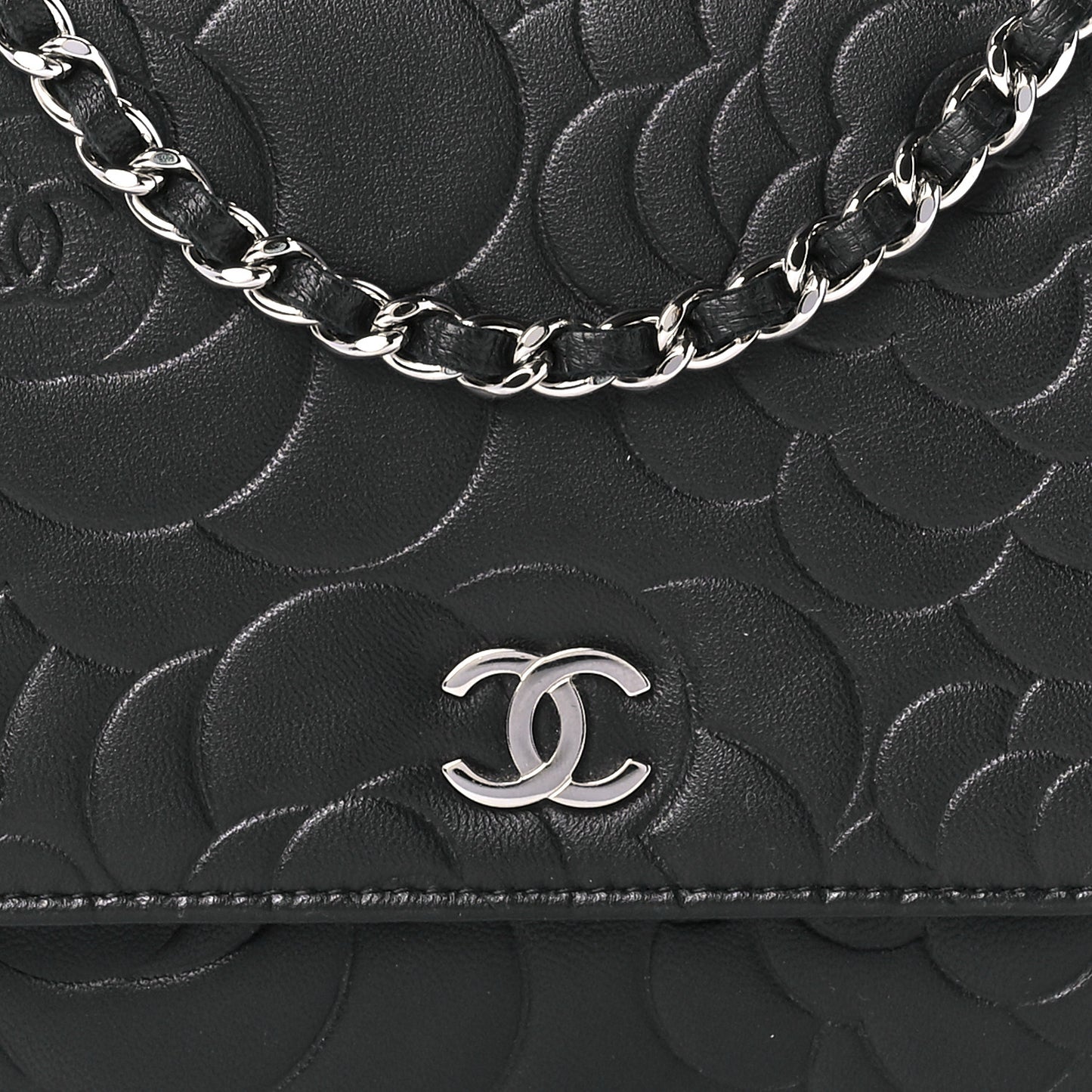 Lambskin Camellia Embossed Wallet on Chain WOC Black