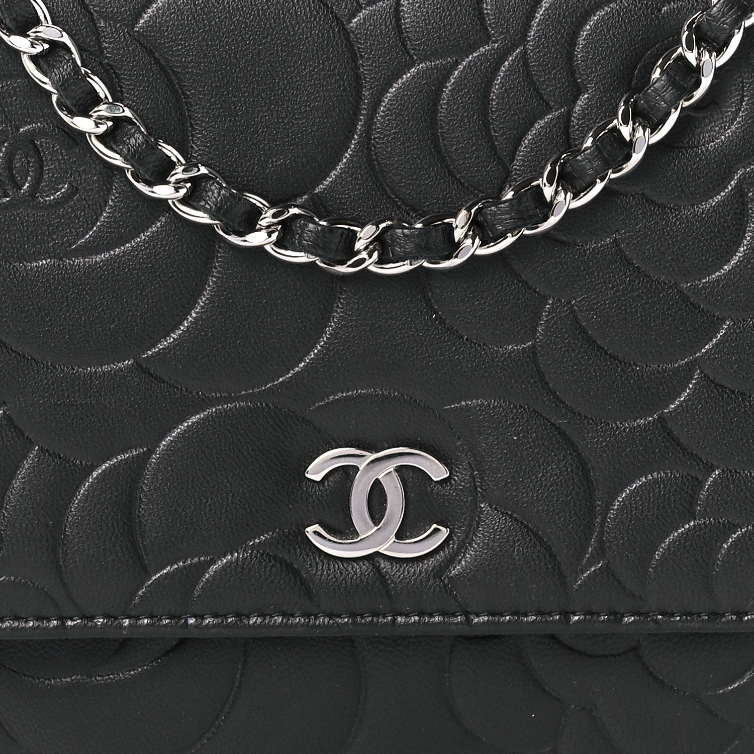 Chanel Lambskin Camellia Embossed Wallet on Chain WOC Black 8 of 12