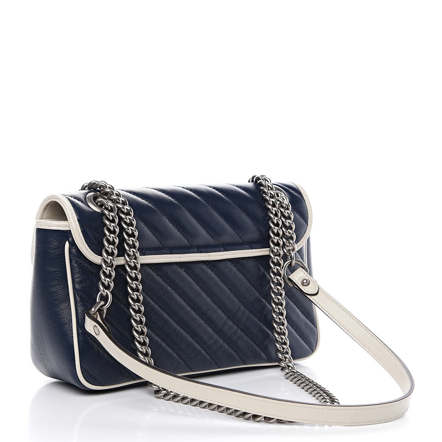 Vintage Effect Calfskin Matelasse Diagonal Small Torchon GG Marmont Shoulder Bag Blue Agata Mystic White