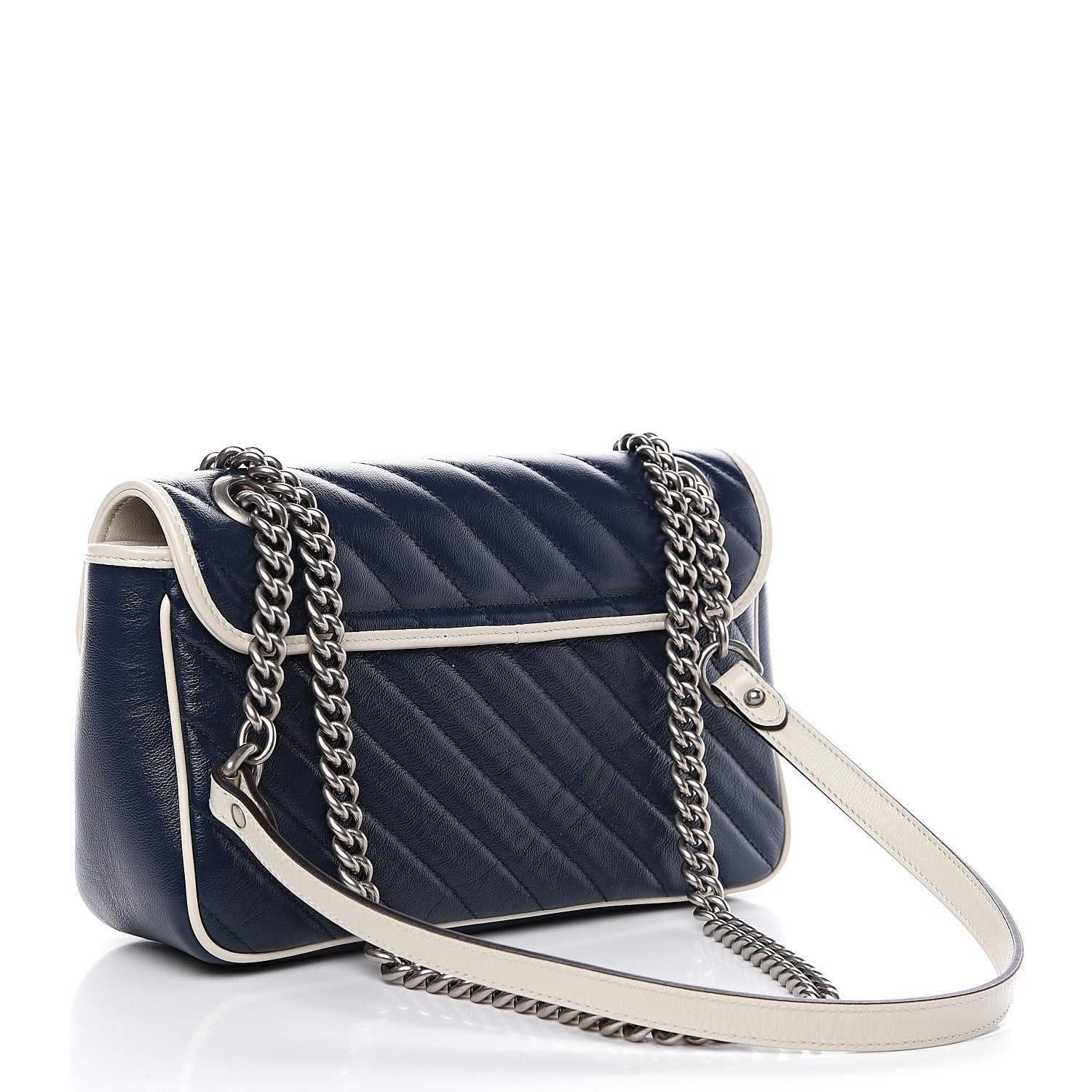 Gucci Vintage Effect Calfskin Matelasse Diagonal Small Torchon GG Marmont Shoulder Bag Blue Agata Mystic White 2 of 12