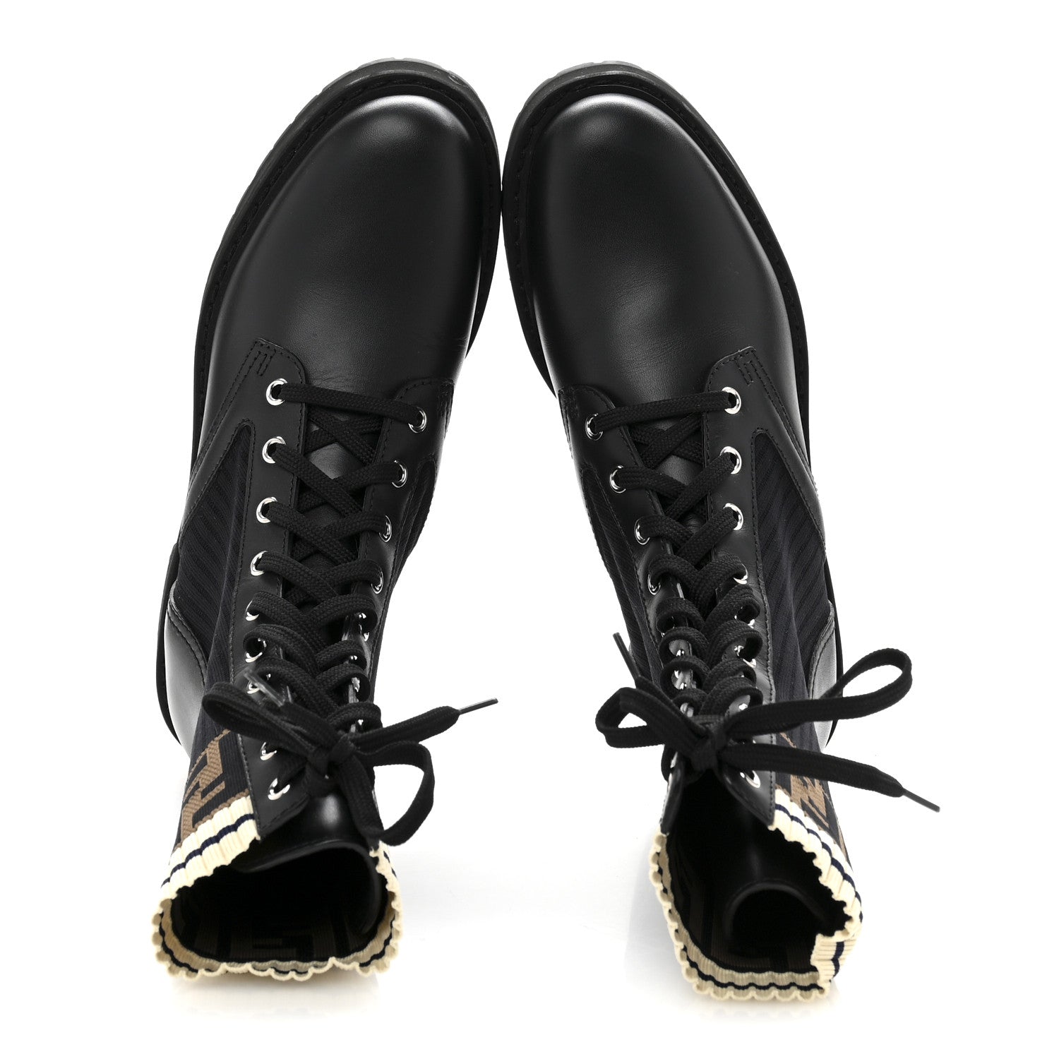 Fendi Calfskin Stretch Fabric Rockoko Biker Boots 37.5 Tobacco Black Marino 2 of 10