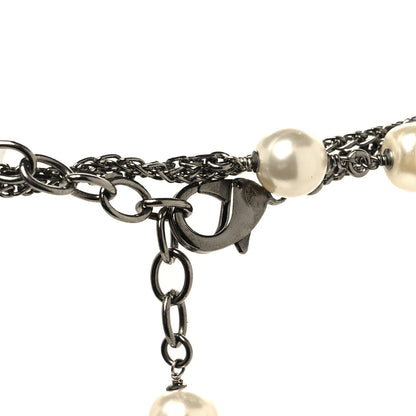 Chanel Pearl Crystal CC Leaf Long Necklace Silver 4 of 6