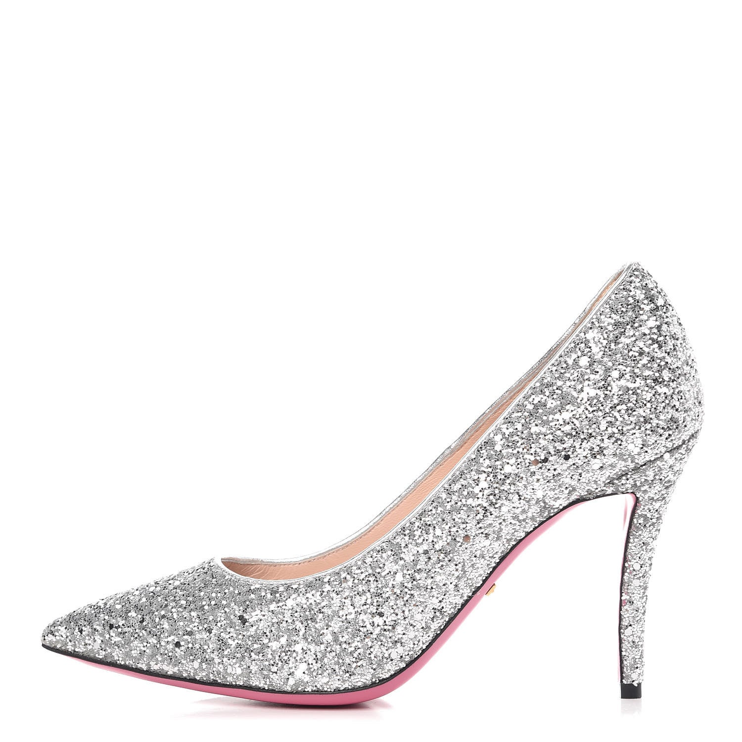 Gucci Nappa Silk Glitter Removable Crystal Heart Pumps 38.5 Argento 1 of 12