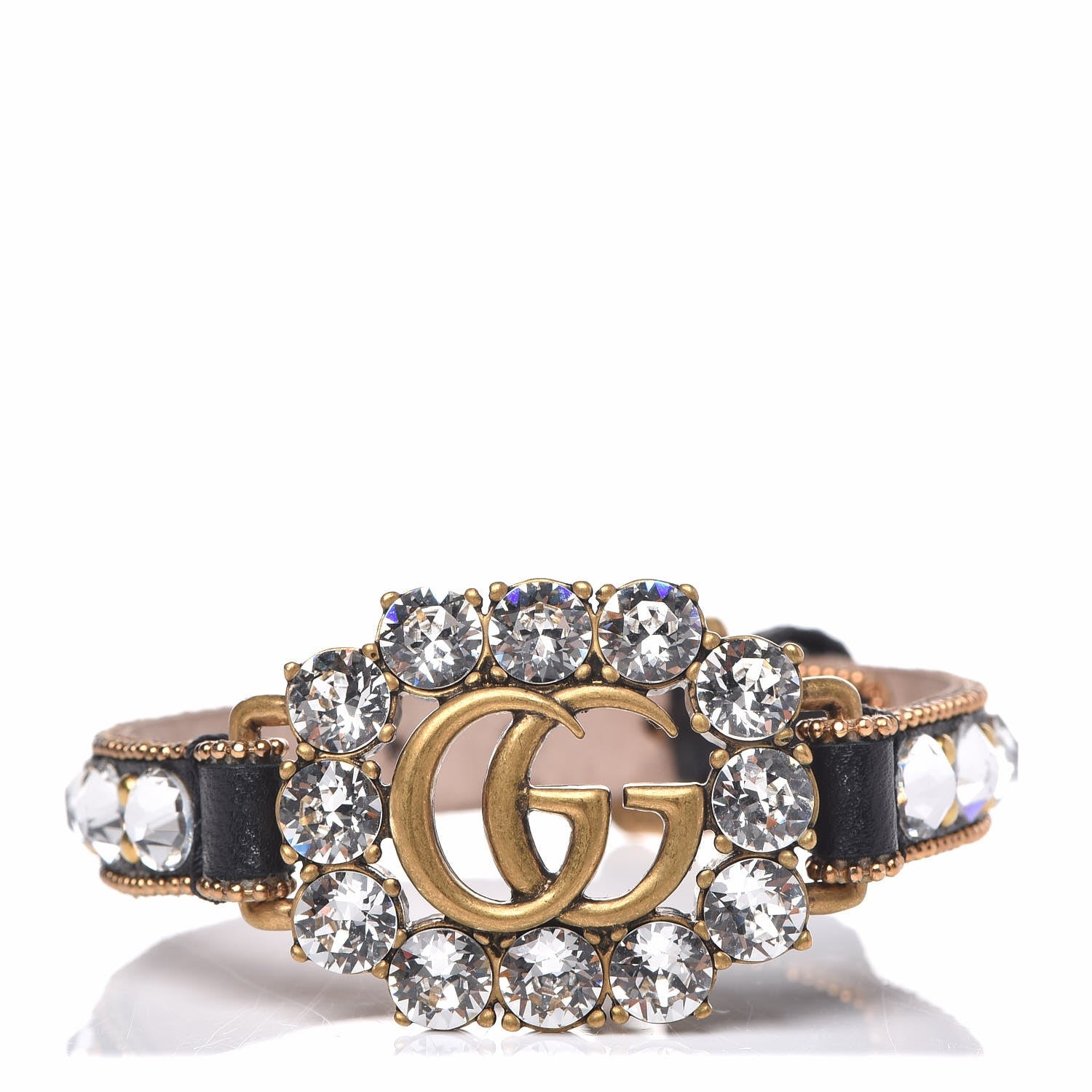 Gucci Metal Calfskin Crystal Double G Bracelet Black 1 of 7