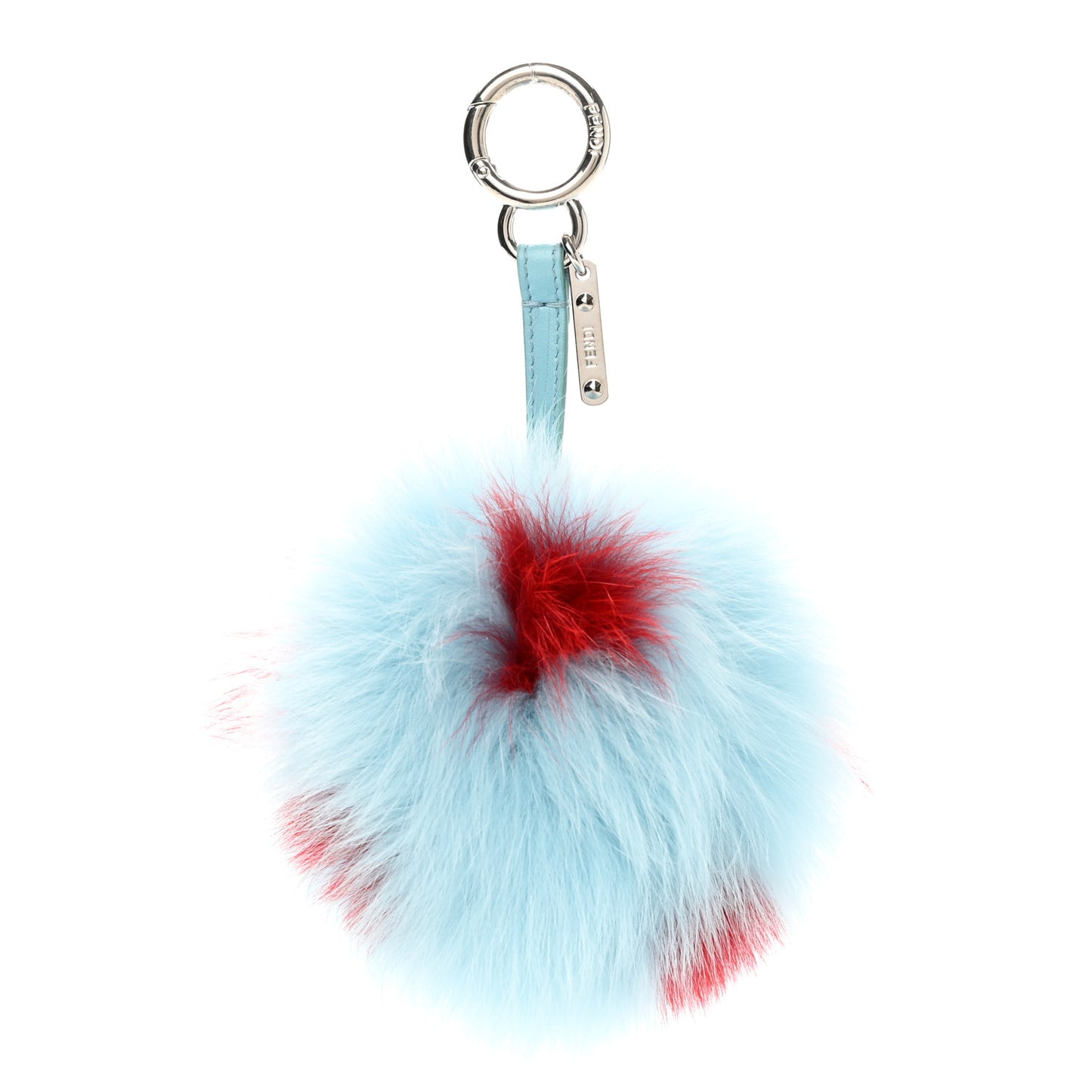 Fox Fur Polka Dot Pom Pom Bag Charm Light Blue Red