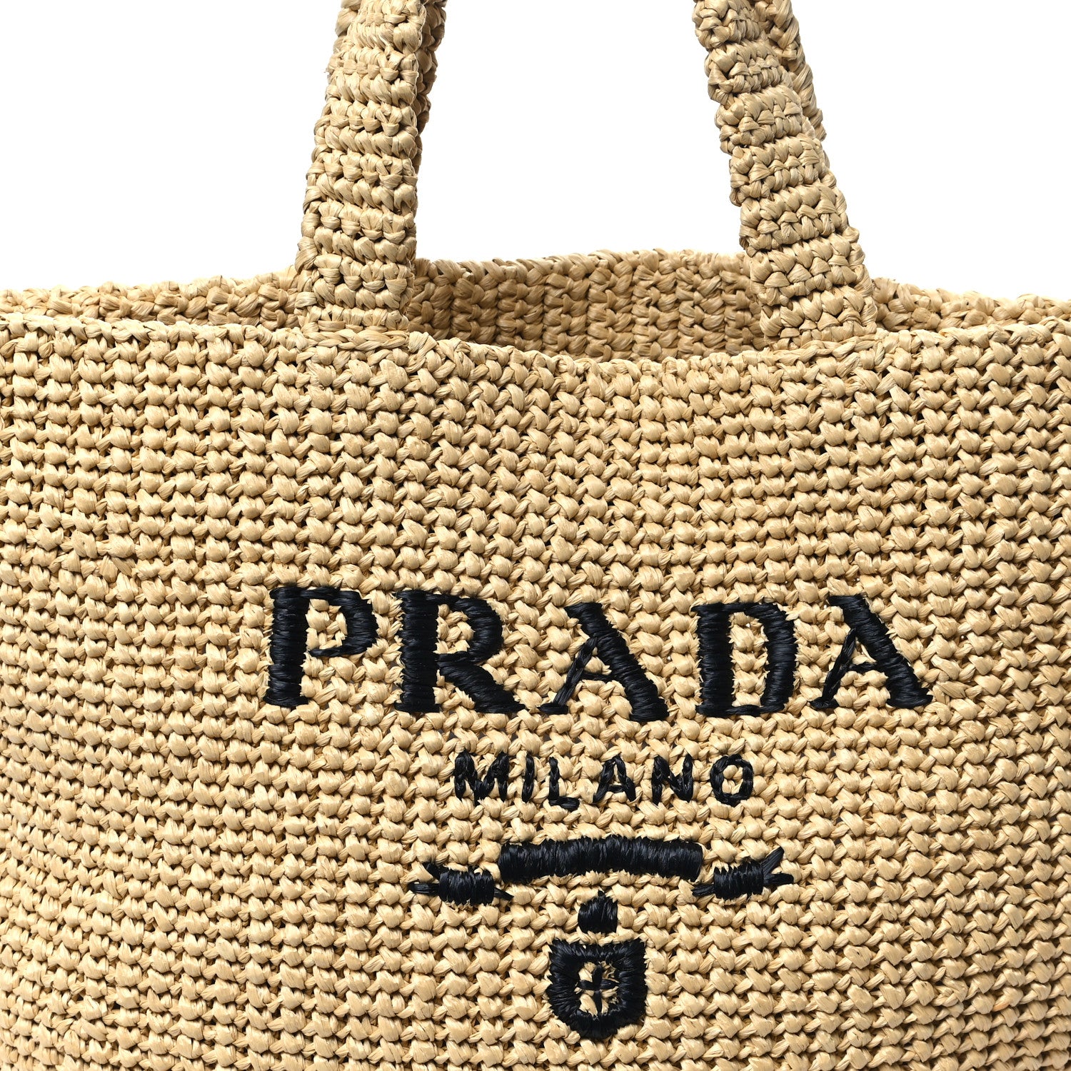 Prada Yarn Raffia Effect Crochet Embroidered Logo Tote Naturale 7 of 11