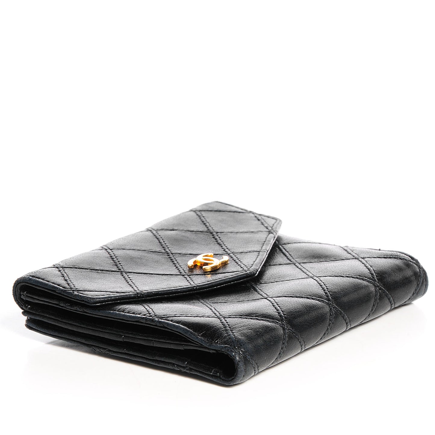 Calfskin Diamond Stitched Compact Wallet Black