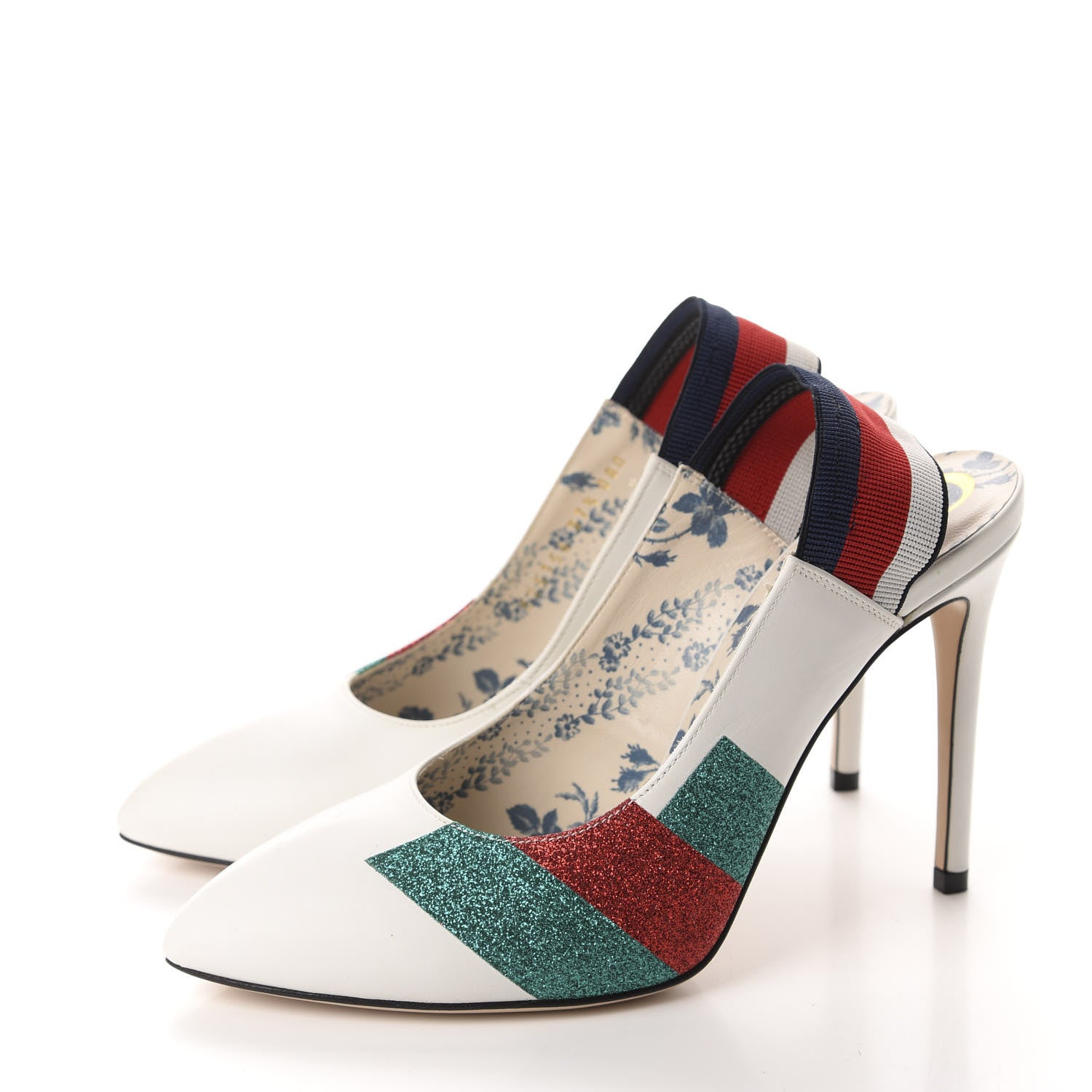 Gucci Calfskin Glitter Web High Heel Slingback Pumps 37.5 White 3 of 12