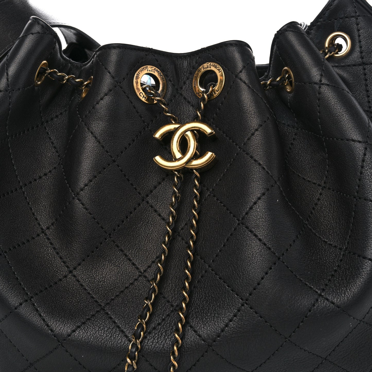 Calfskin Stitched Small Paris Rome Drawstring CC Bag Black