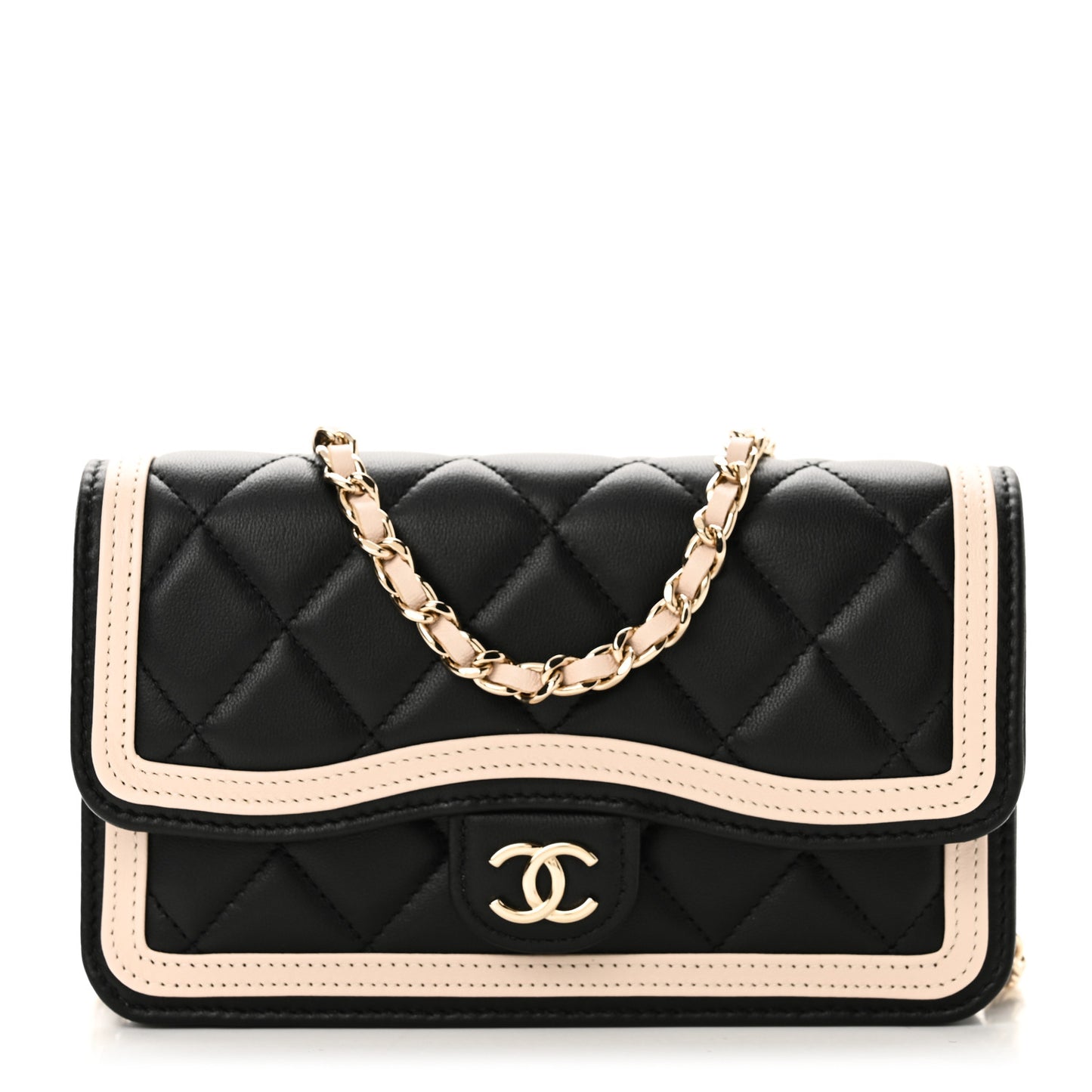 Lambskin Quilted Flap Phone Holder With Chain Black Beige