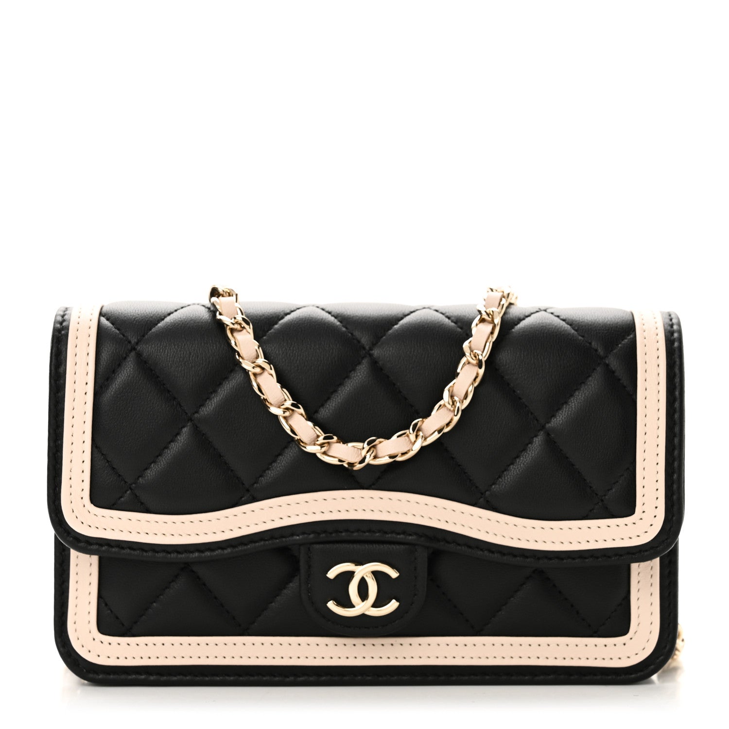 Chanel Lambskin Quilted Flap Phone Holder With Chain Black Beige 1 of 12