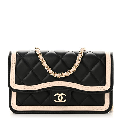 Chanel Lambskin Quilted Flap Phone Holder With Chain Black Beige 1 of 12