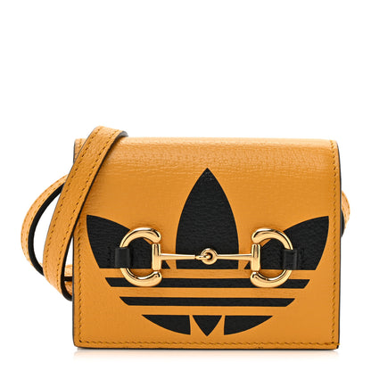 Gucci X ADIDAS Textured Dollar Calfskin Trefoil Horsebit 1955 Card Case Wallet With Strap Crop Black 1 of 14