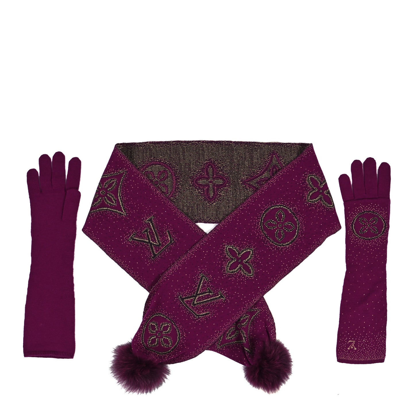 Cashmere Fox Fur Monogram Scarf Gloves Set