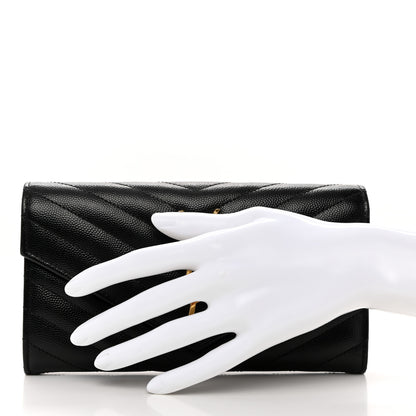 Saint Laurent Grain De Poudre Matelasse Chevron Monogram Flap Wallet Black 2 of 9