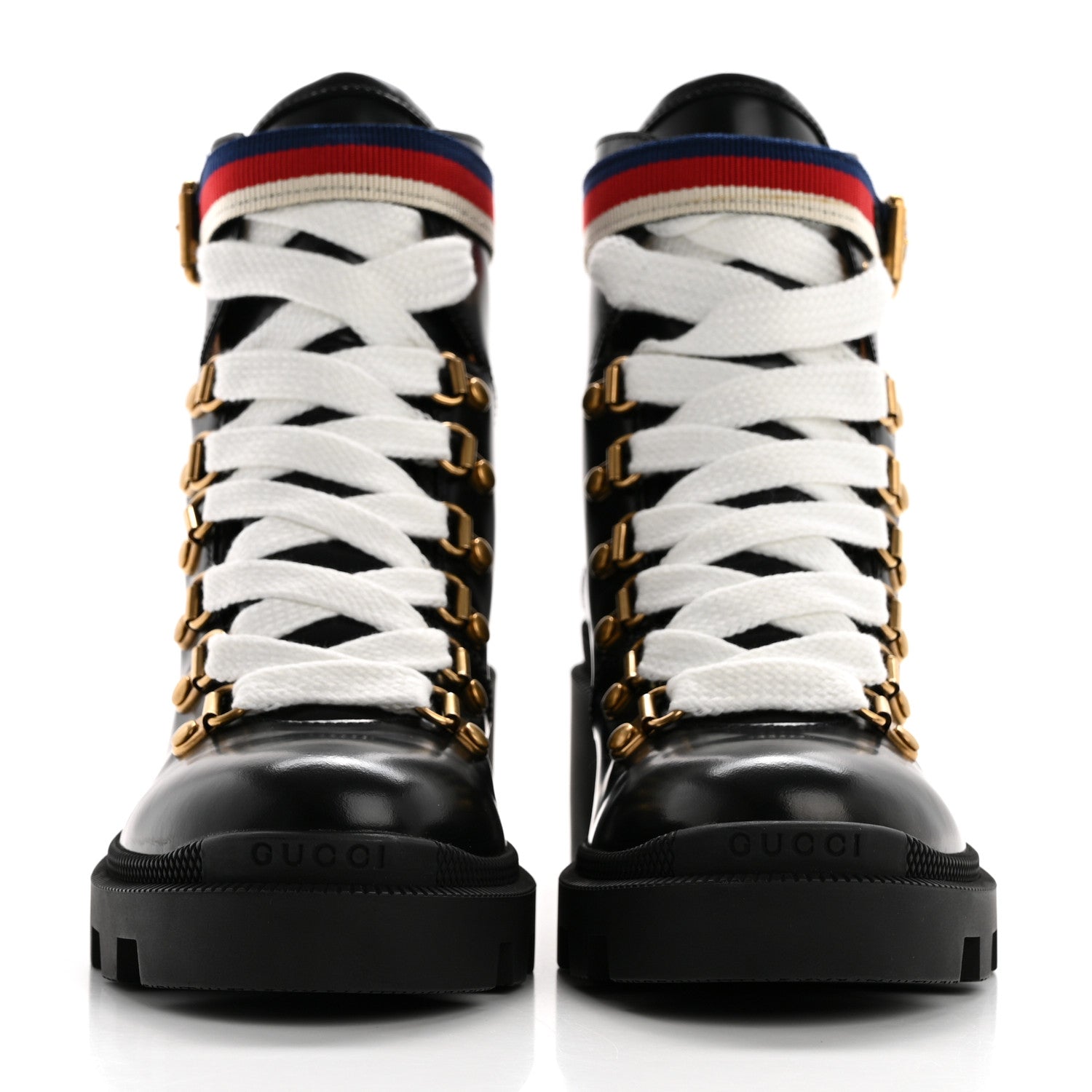 Gucci Calfskin Sylvie Web Womens Lace Up Combat Boots 35.5 Black 2 of 10