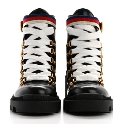 Gucci Calfskin Sylvie Web Womens Lace Up Combat Boots 35.5 Black 2 of 10