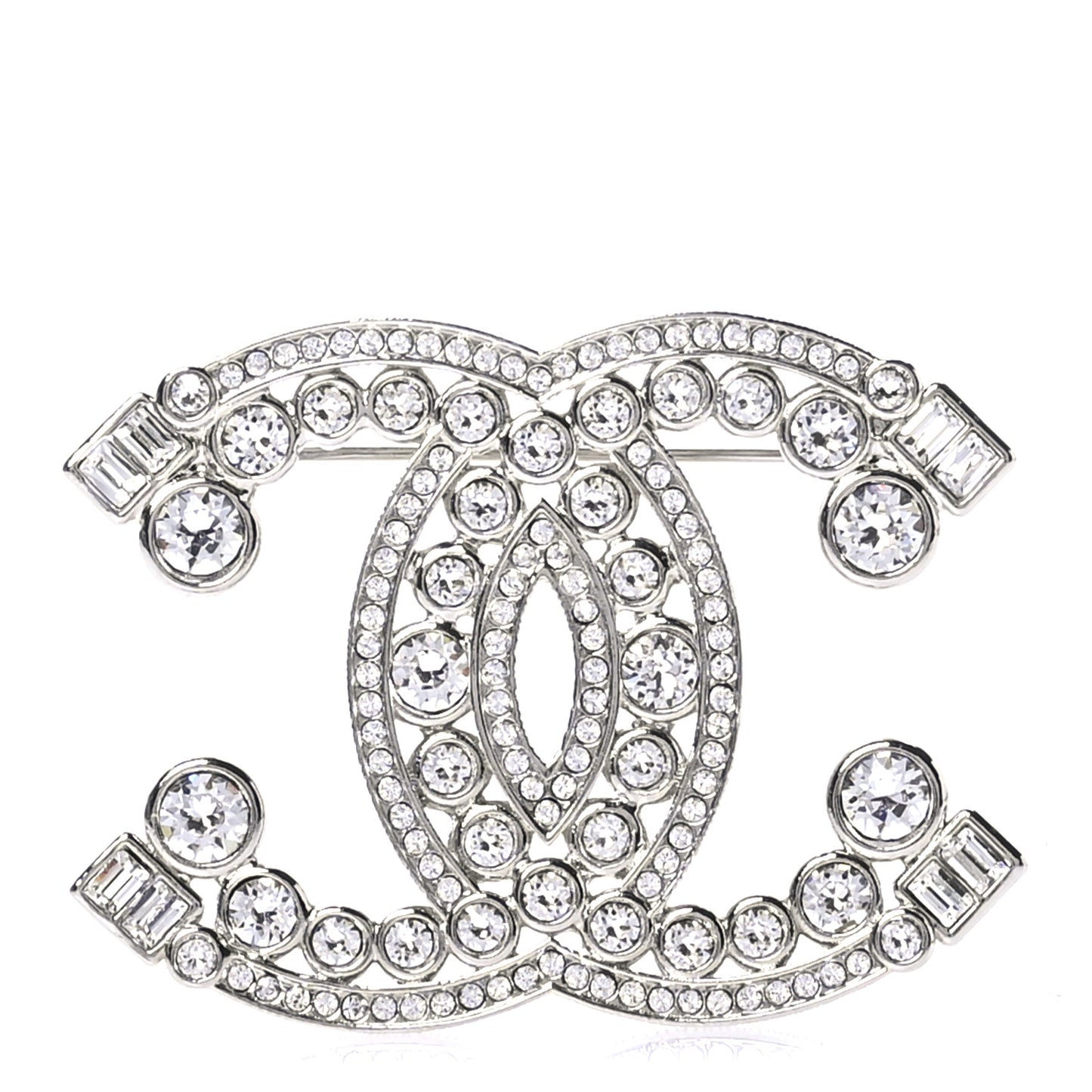 Metal Crystal CC Brooch Silver