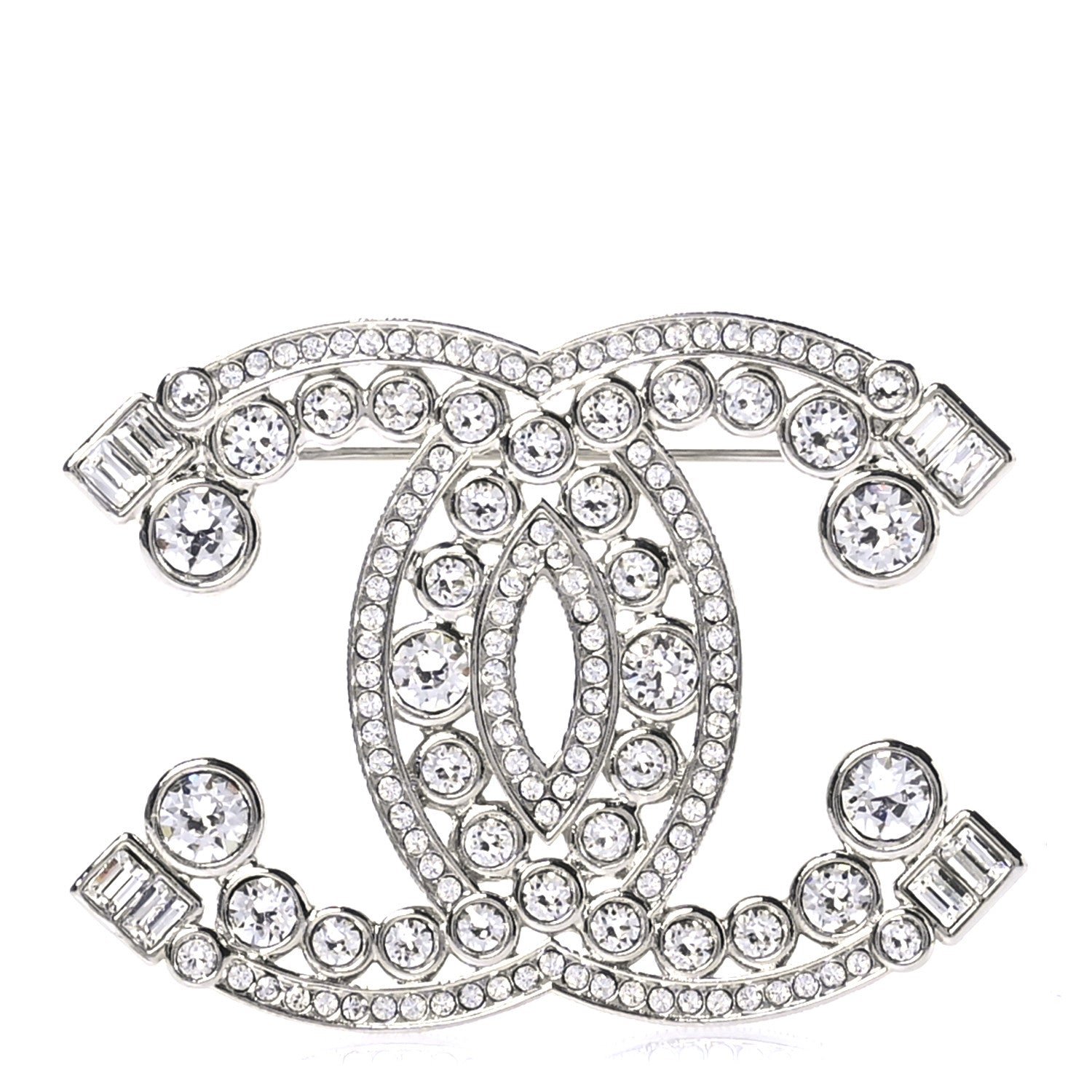 Chanel Metal Crystal CC Brooch Silver 1 of 3
