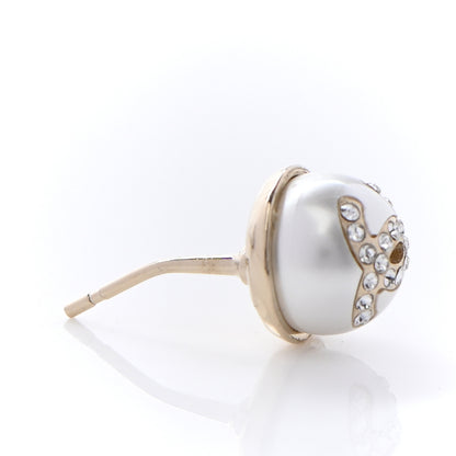 Chanel Pearl Crystal Logo Earrings Gold Pearly White 4 of 5