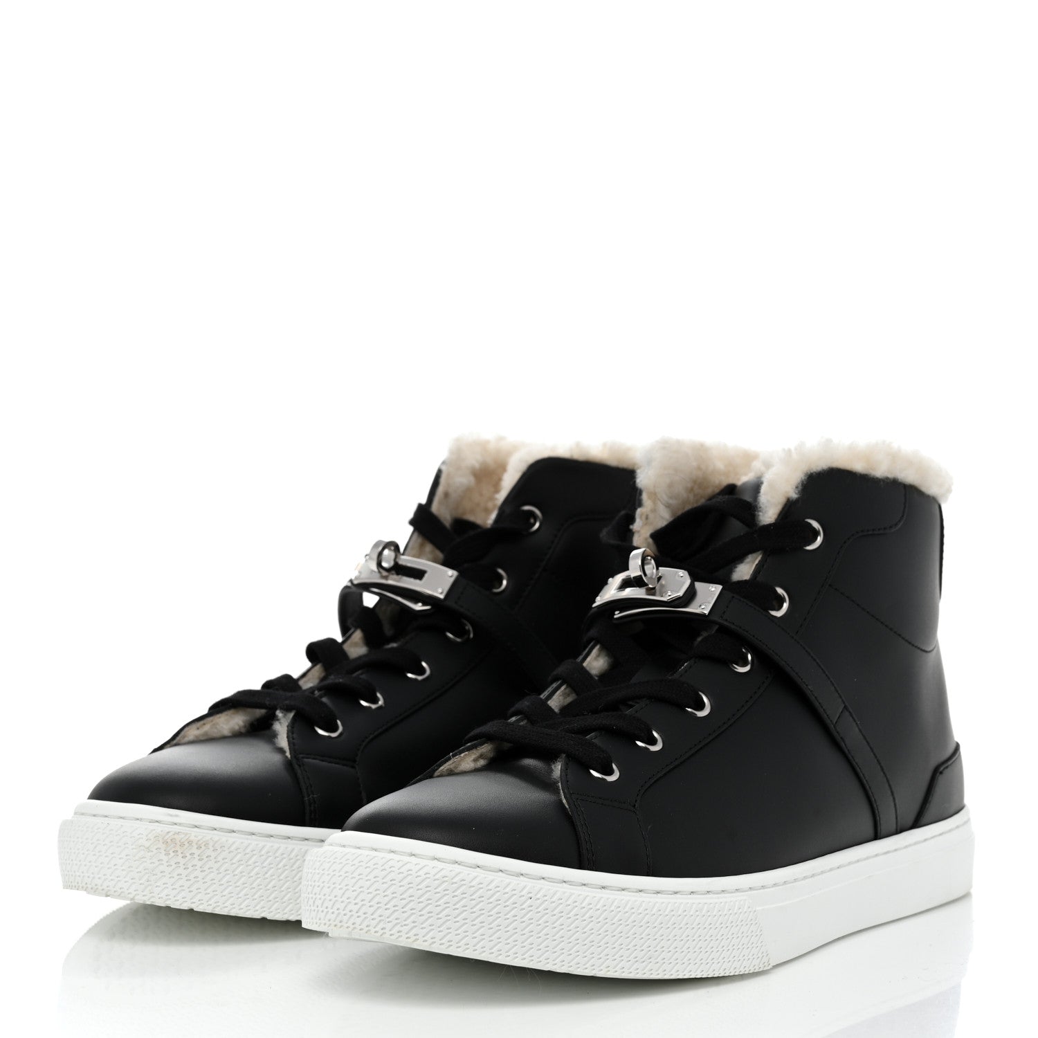 Hermes Calfskin Shearling High-Top Day Sneakers 40 Black Ecru 3 of 8
