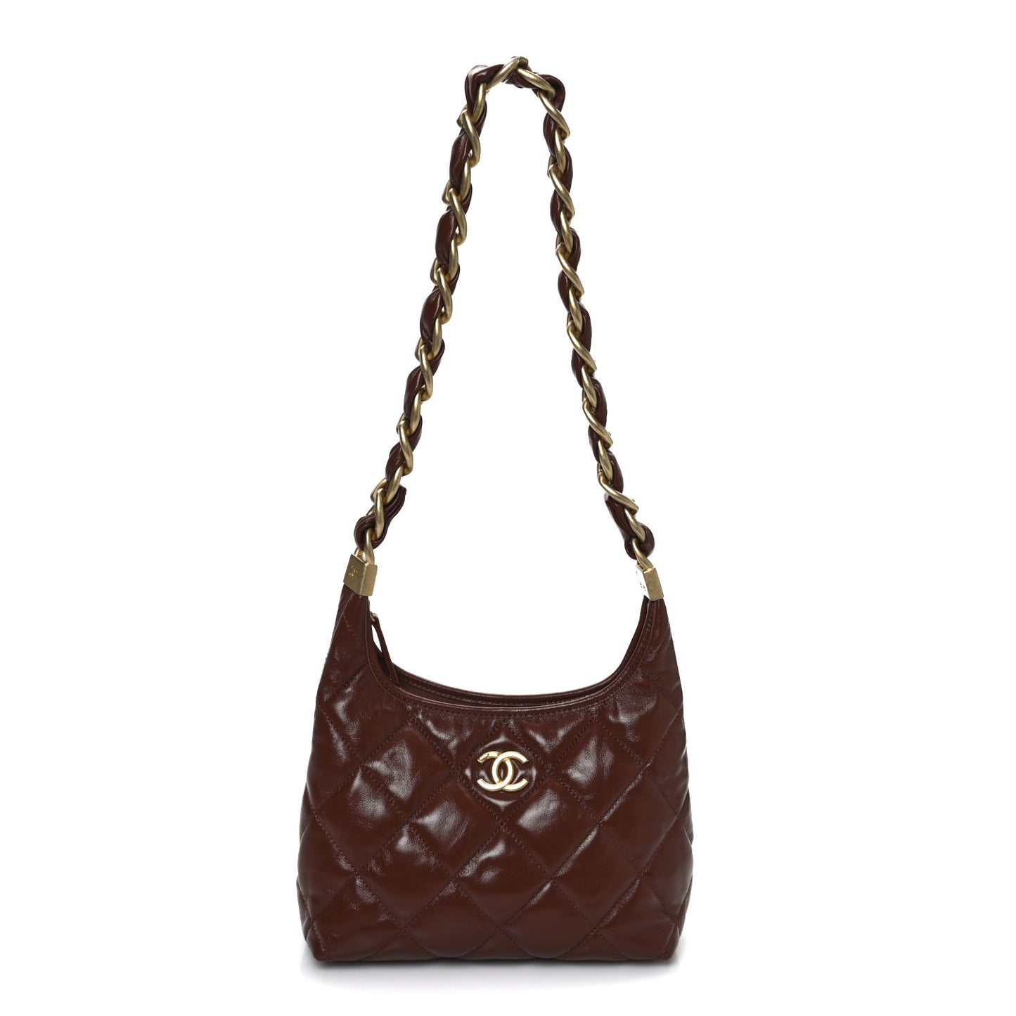 Shiny Crumpled Lambskin Quilted Small CC Funky Town Hobo Brown