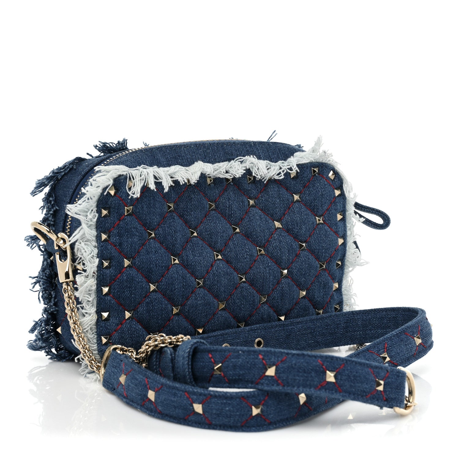 Valentino Garavani Denim Fringe Rockstud Spike Camera Crossbody Bag Blue 3 of 7
