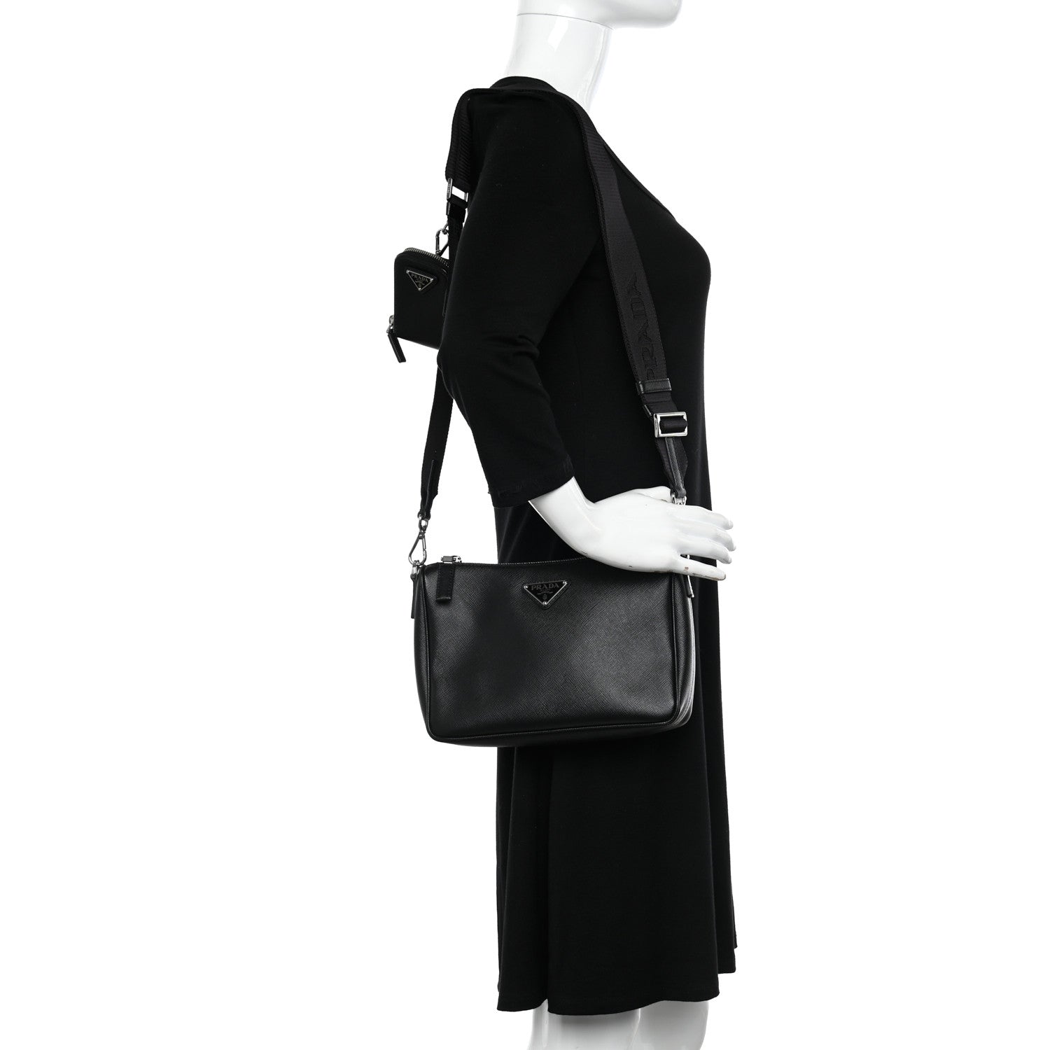 Prada Saffiano Travel Pocket Zippered Shoulder Bag Black 2 of 10