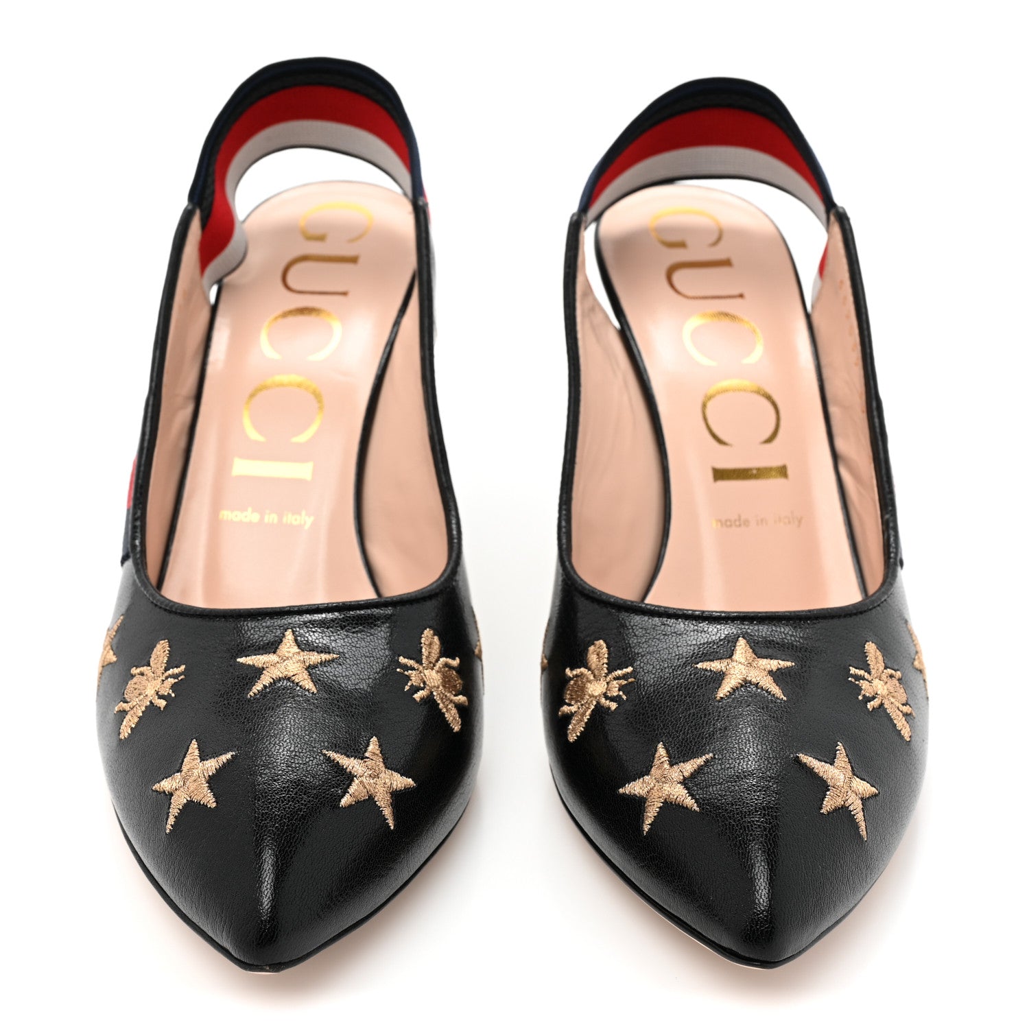 Gucci Malaga Kid Web Bee Star Embroidered Sylvie High Heel Slingback Pumps 39 Black 2 of 9