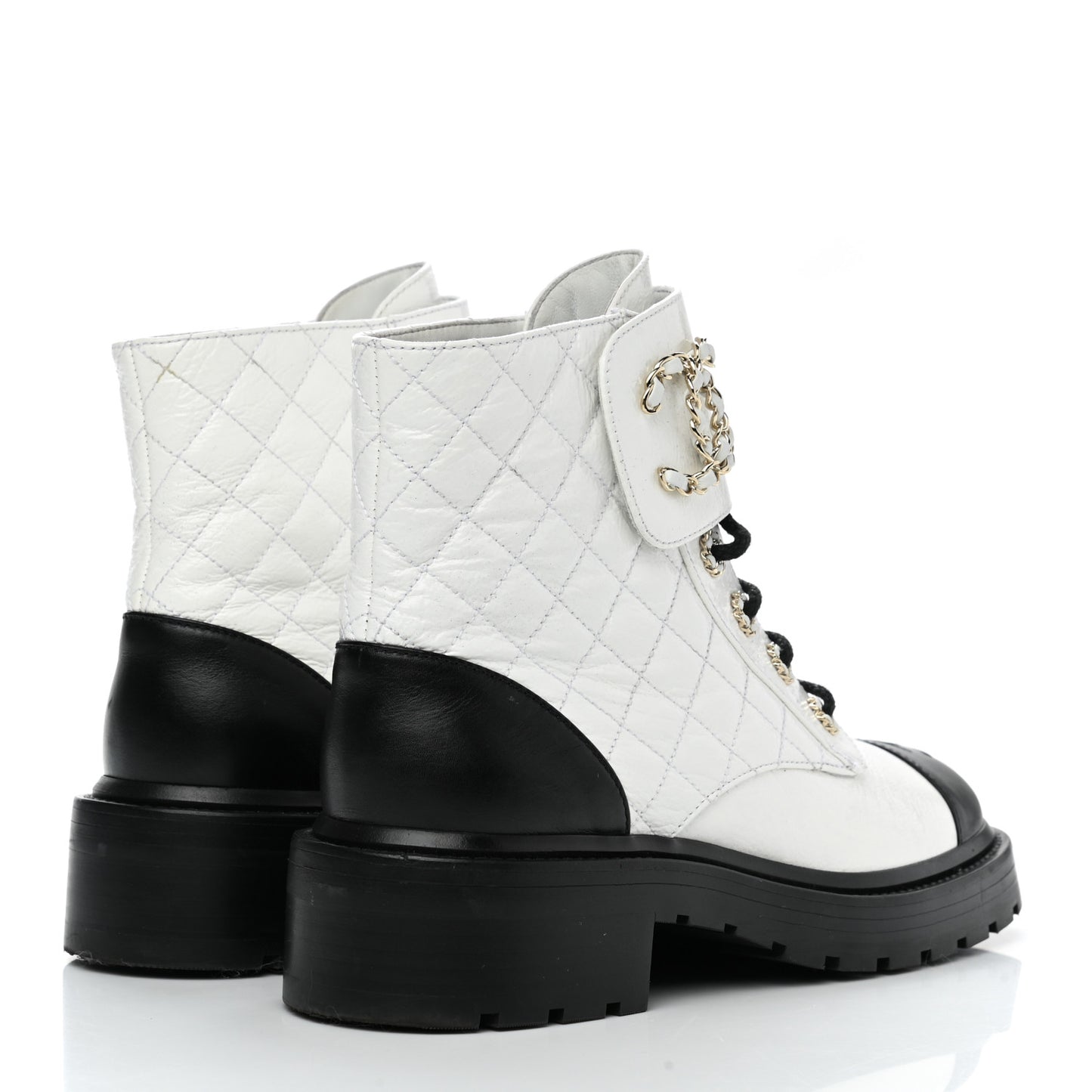 Shiny Goatskin Calfskin Quilted Lace Up Combat Boots 38 Ivory Black