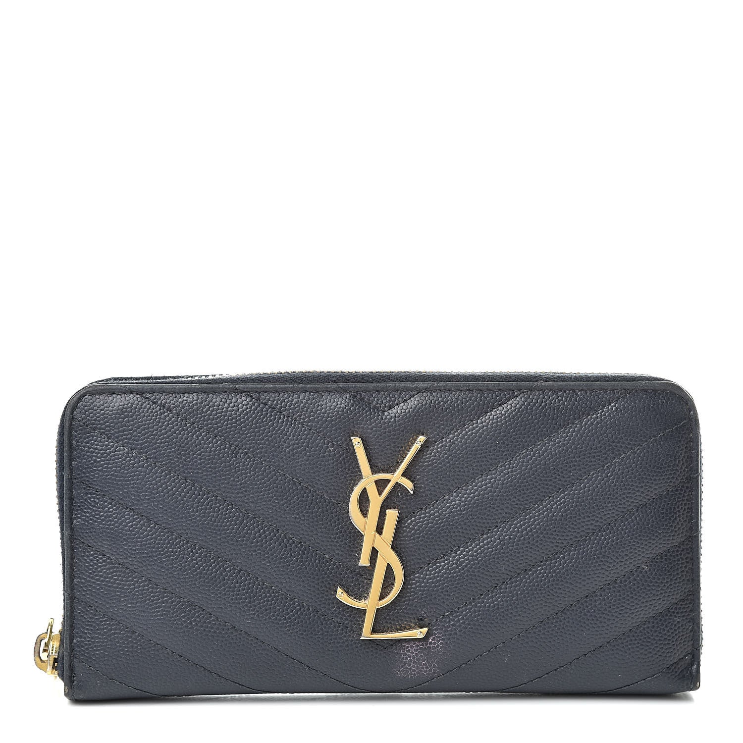 Saint Laurent Grain De Poudre Matelasse Chevron Monogram Zip Around Wallet Navy 1 of 16