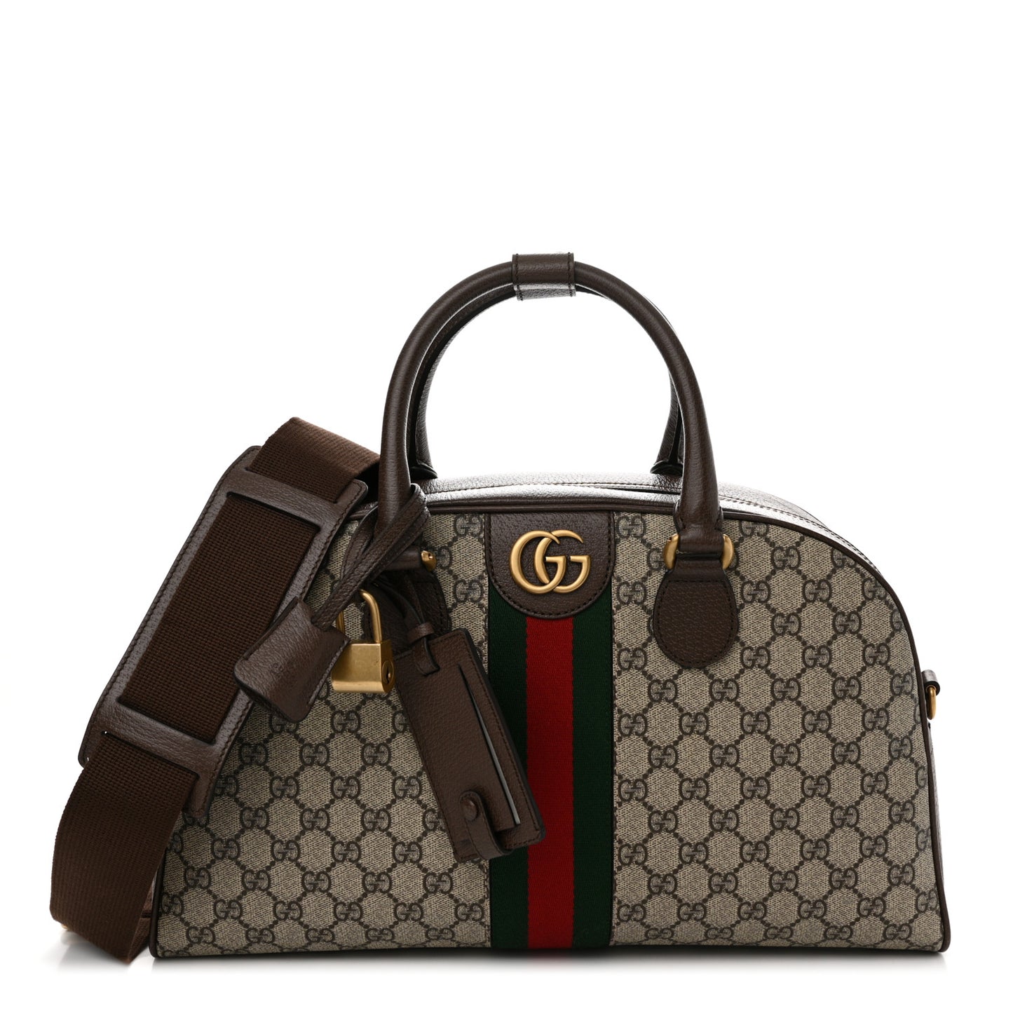 GG Supreme Monogram Textured Dollar Calfskin Web Medium Savoy Bowling Bag Beige Ebony New Acero