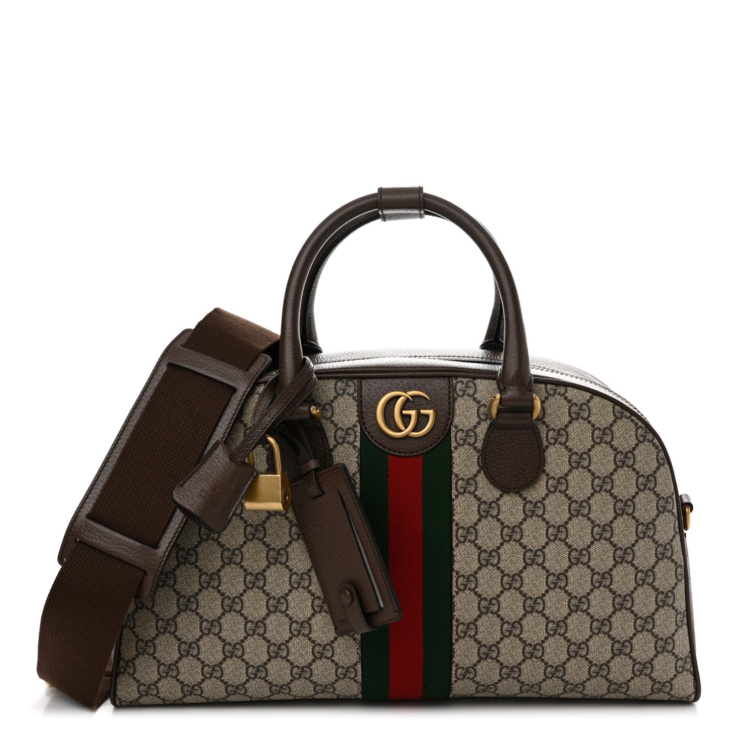 Gucci GG Supreme Monogram Textured Dollar Calfskin Web Medium Savoy Bowling Bag Beige Ebony New Acero 1 of 10