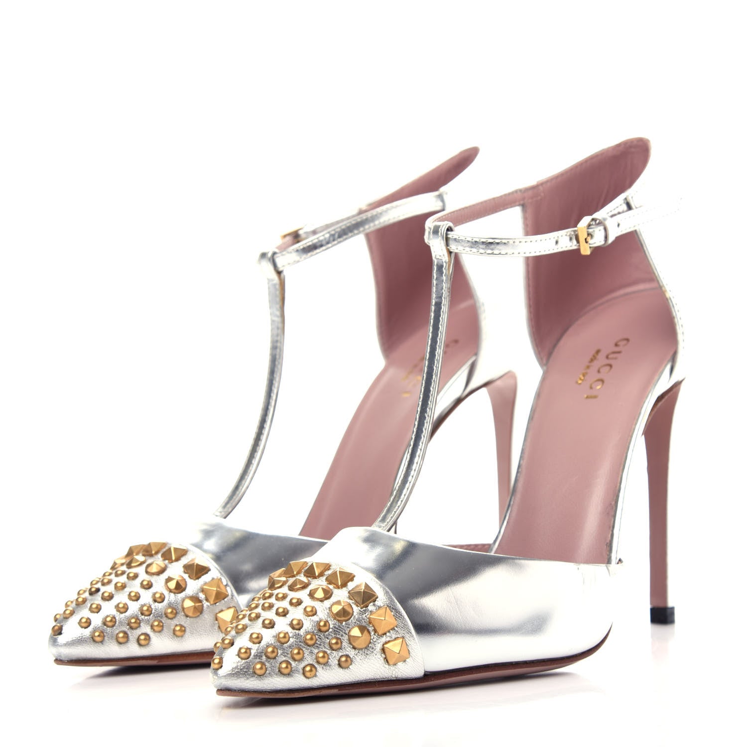 Gucci Metallic Calfskin Studded Cap Toe T Strap Pumps 35.5 Argento 3 of 9
