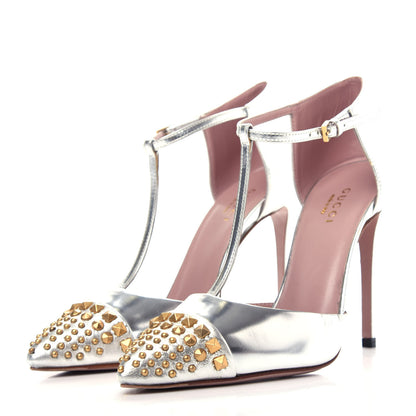 Gucci Metallic Calfskin Studded Cap Toe T Strap Pumps 35.5 Argento 3 of 9