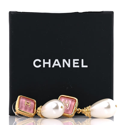 Chanel Pearl Enamel CC Square Drop Earrings Gold Pink 5 of 5
