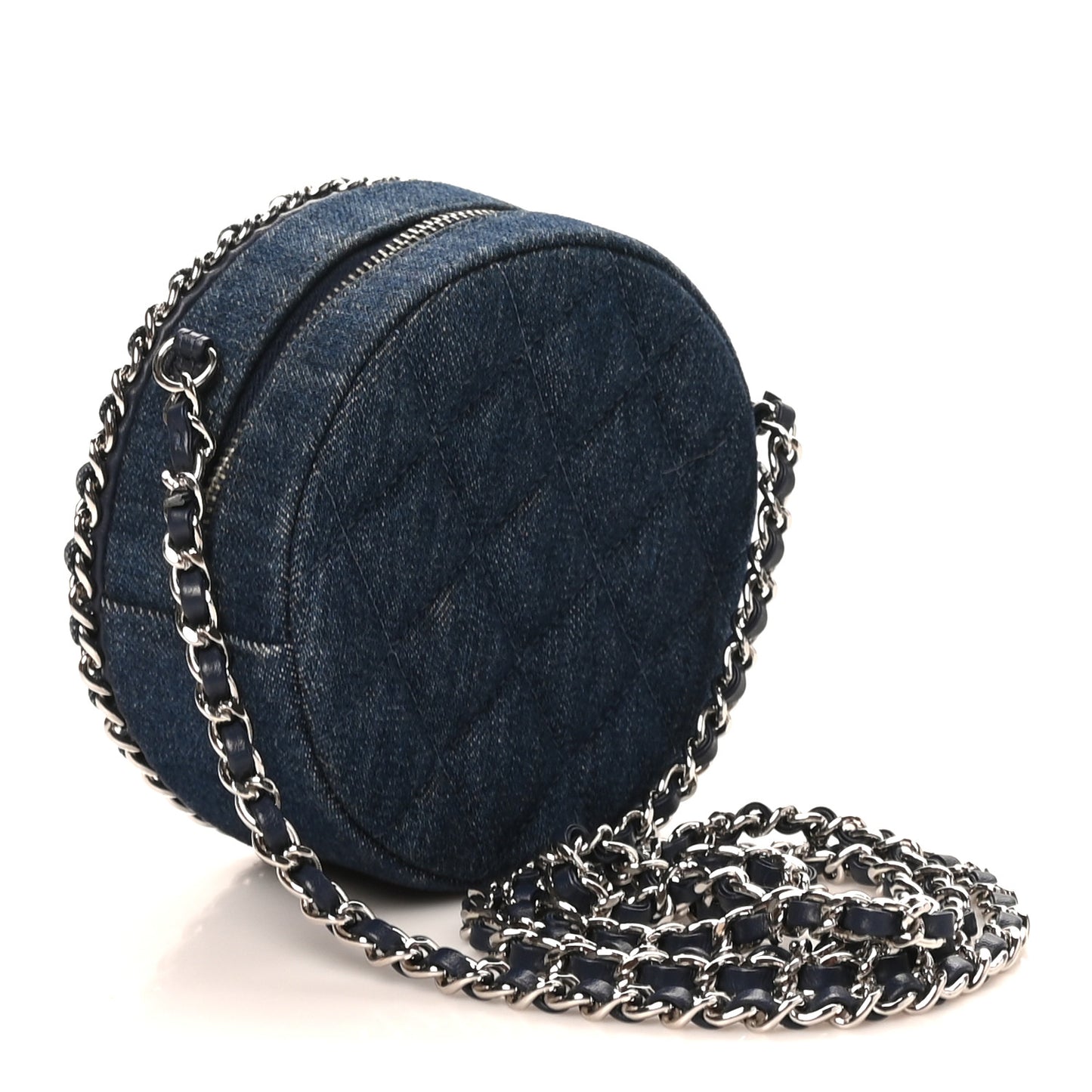Denim Quilted Round Clutch With Chain Blue