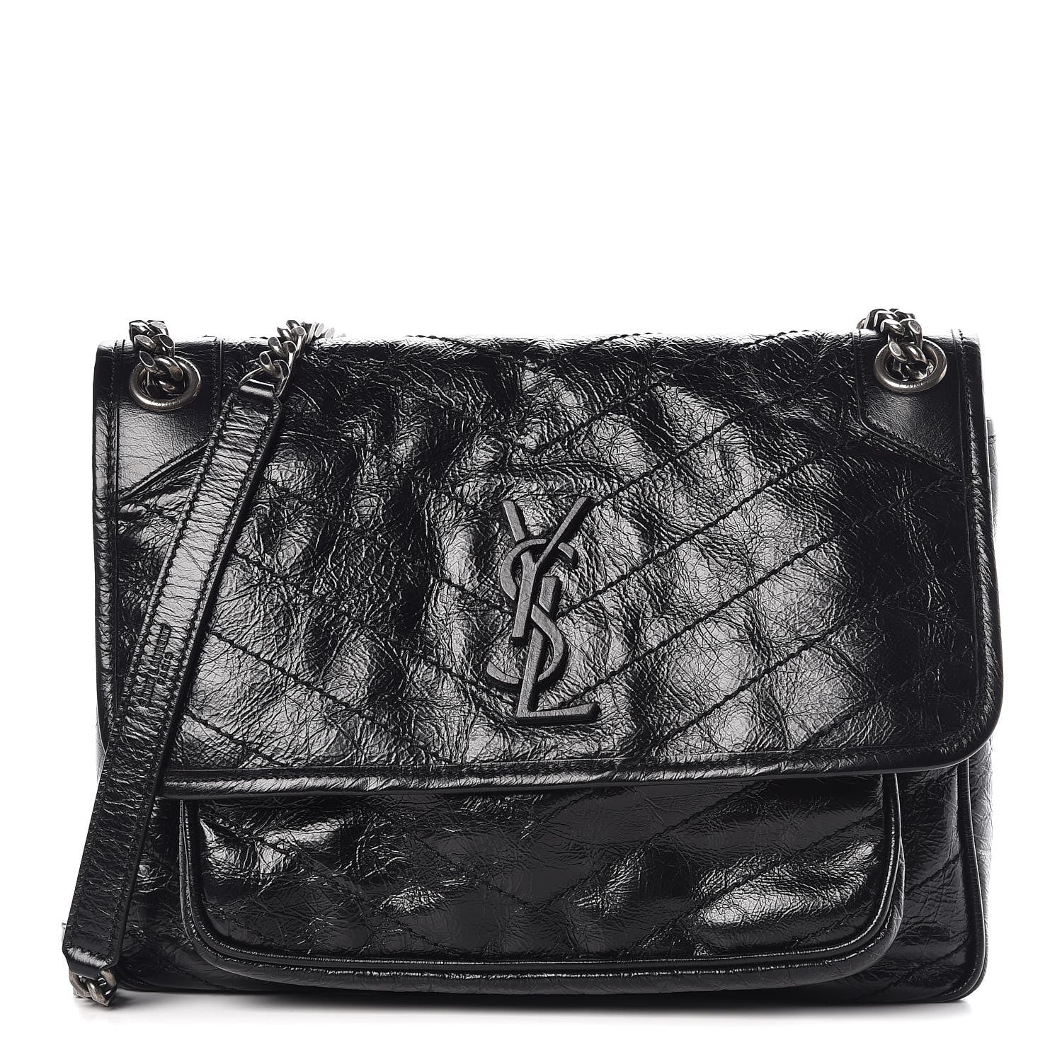 Saint Laurent Crinkled Calfskin Matelasse Monogram Medium Niki Chain Satchel Black 1 of 7