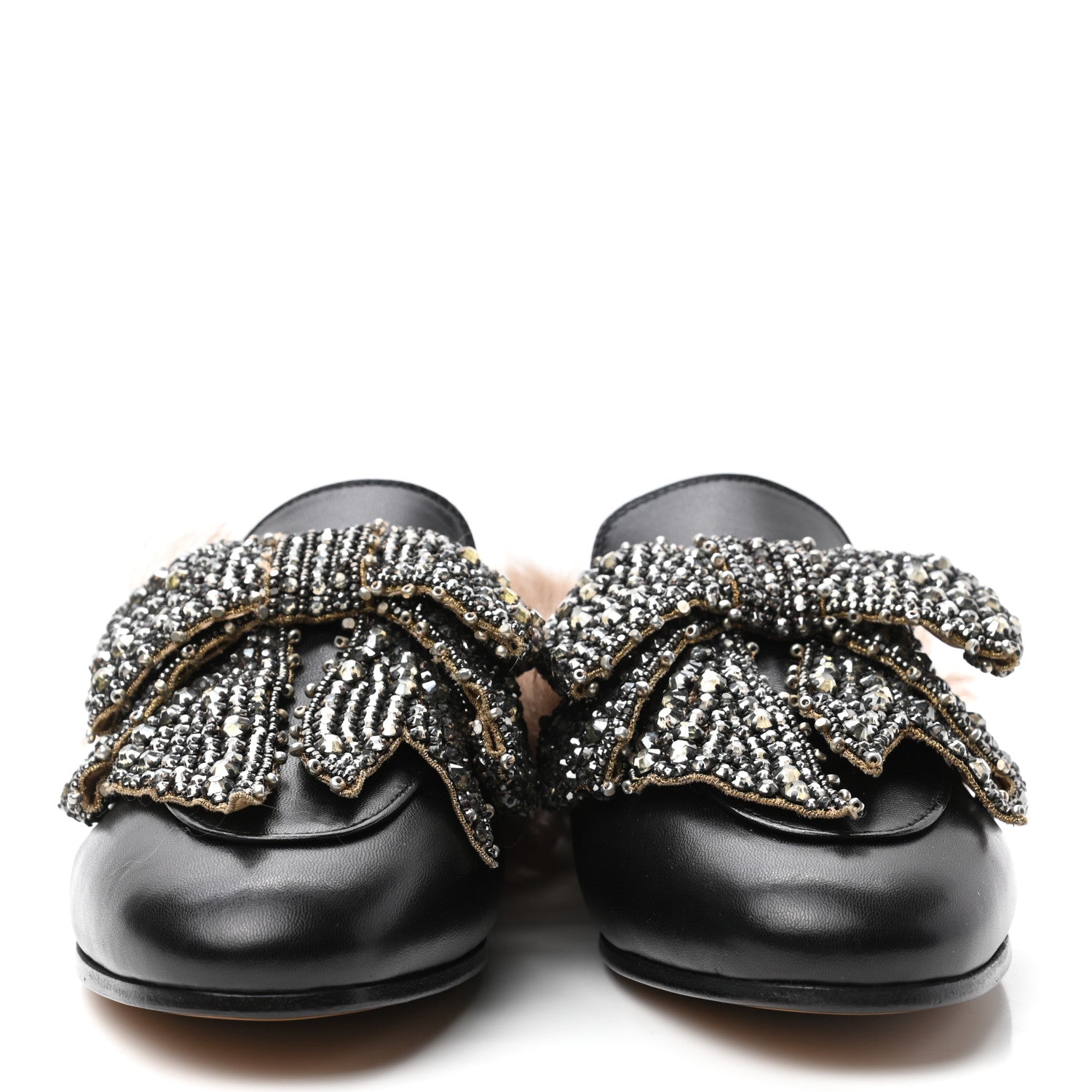 Gucci Malaga Kid Fur Crystal Bow Embroidered Womens Princetown Slippers 36.5 Black 2 of 7