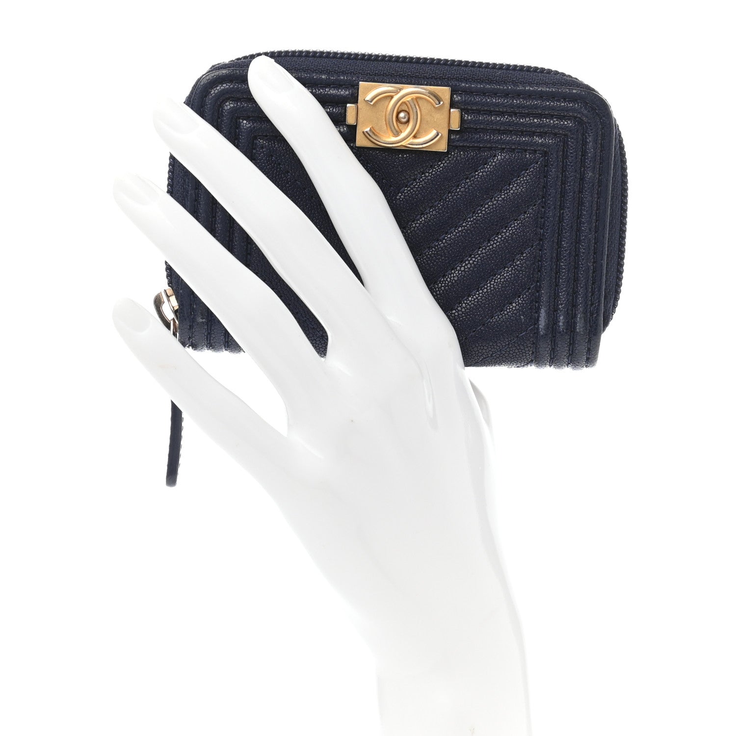 Chanel Caviar Chevron Quilted Boy Zip Around Coin Purse Wallet Navy Blue 2 of 13