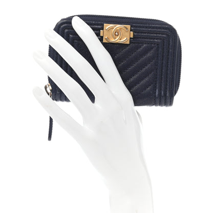 Chanel Caviar Chevron Quilted Boy Zip Around Coin Purse Wallet Navy Blue 2 of 13