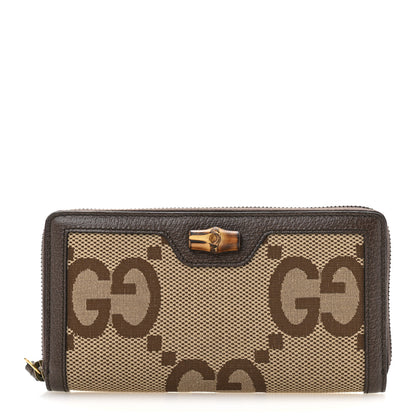 Gucci Monogram Jumbo GG Textured Dollar Calfskin Diana Zip Around Continental Wallet Camel Ebony New Acero 1 of 8