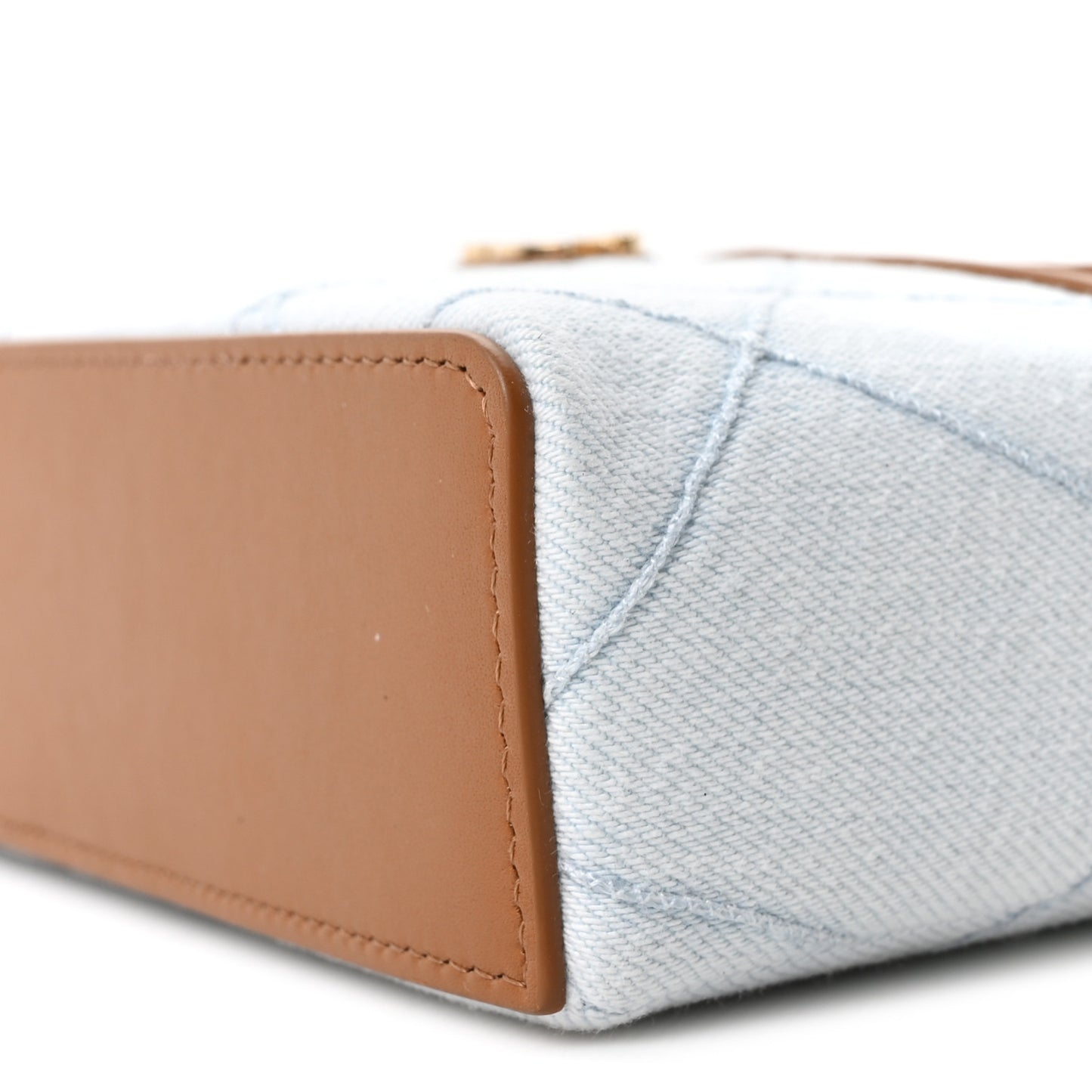 Washed Denim Calfskin Quilted Top Handle Slim Vanity Case With Chain Blue Brown