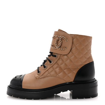 Chanel Lambskin Calfskin Quilted Lace Up Combat Boots 37.5 Light Brown Black 1 of 10