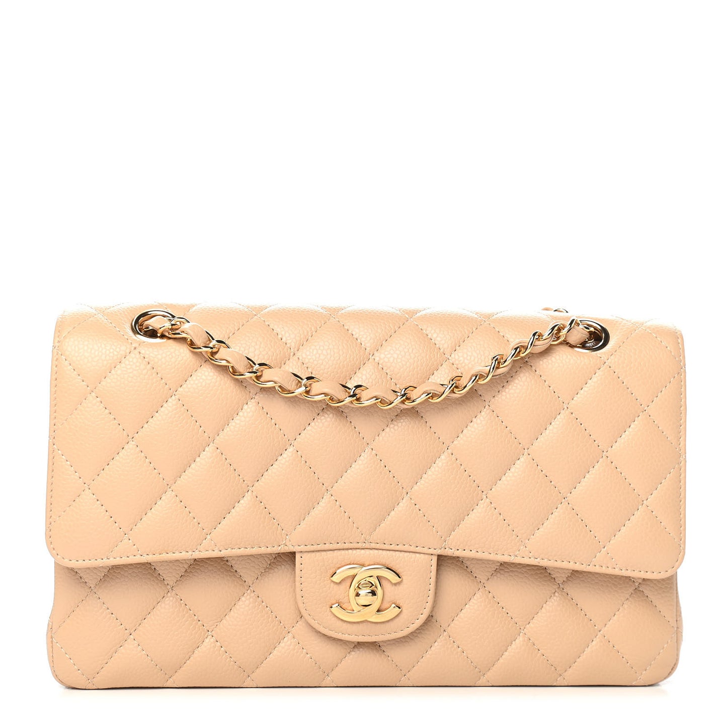 Caviar Quilted Medium Double Flap Beige